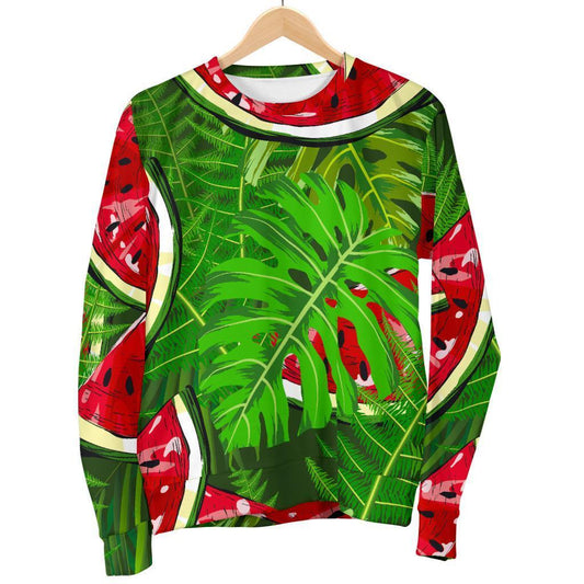 Tropical Leaf Watermelon Pattern Print Women's Crewneck Sweatshirt GearFrost