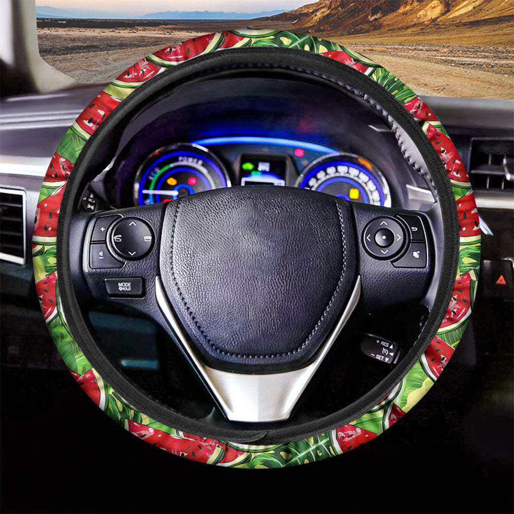 Tropical Leaves Watermelon Pattern Print Car Steering Wheel Cover