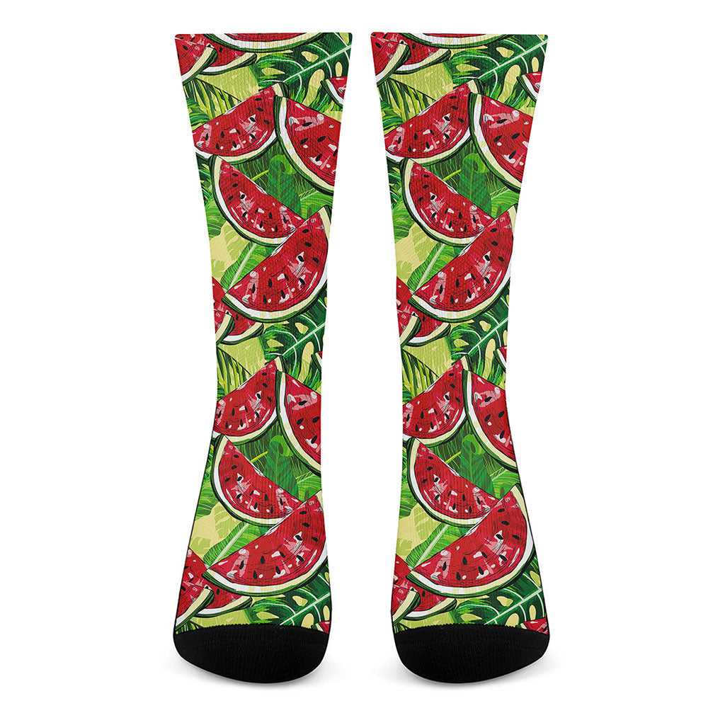 Tropical Leaves Watermelon Pattern Print Crew Socks