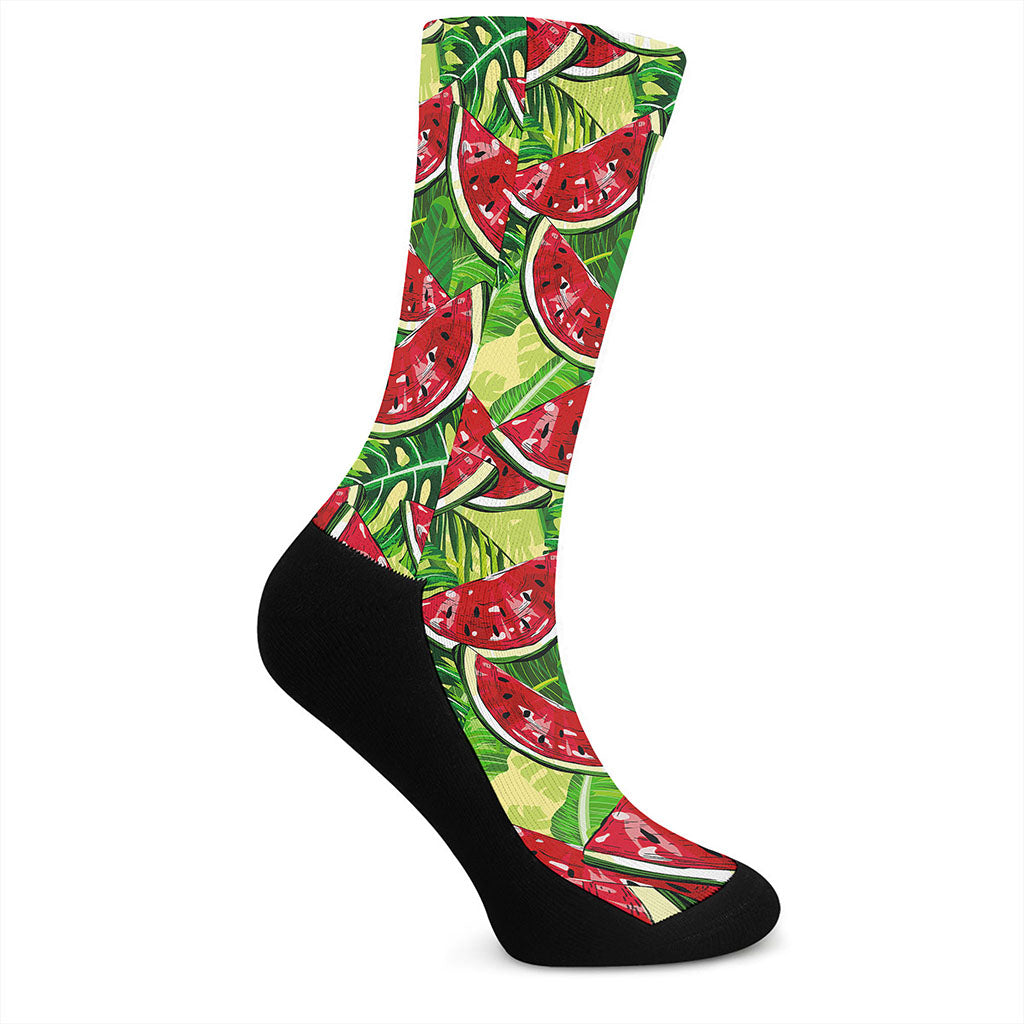 Tropical Leaves Watermelon Pattern Print Crew Socks