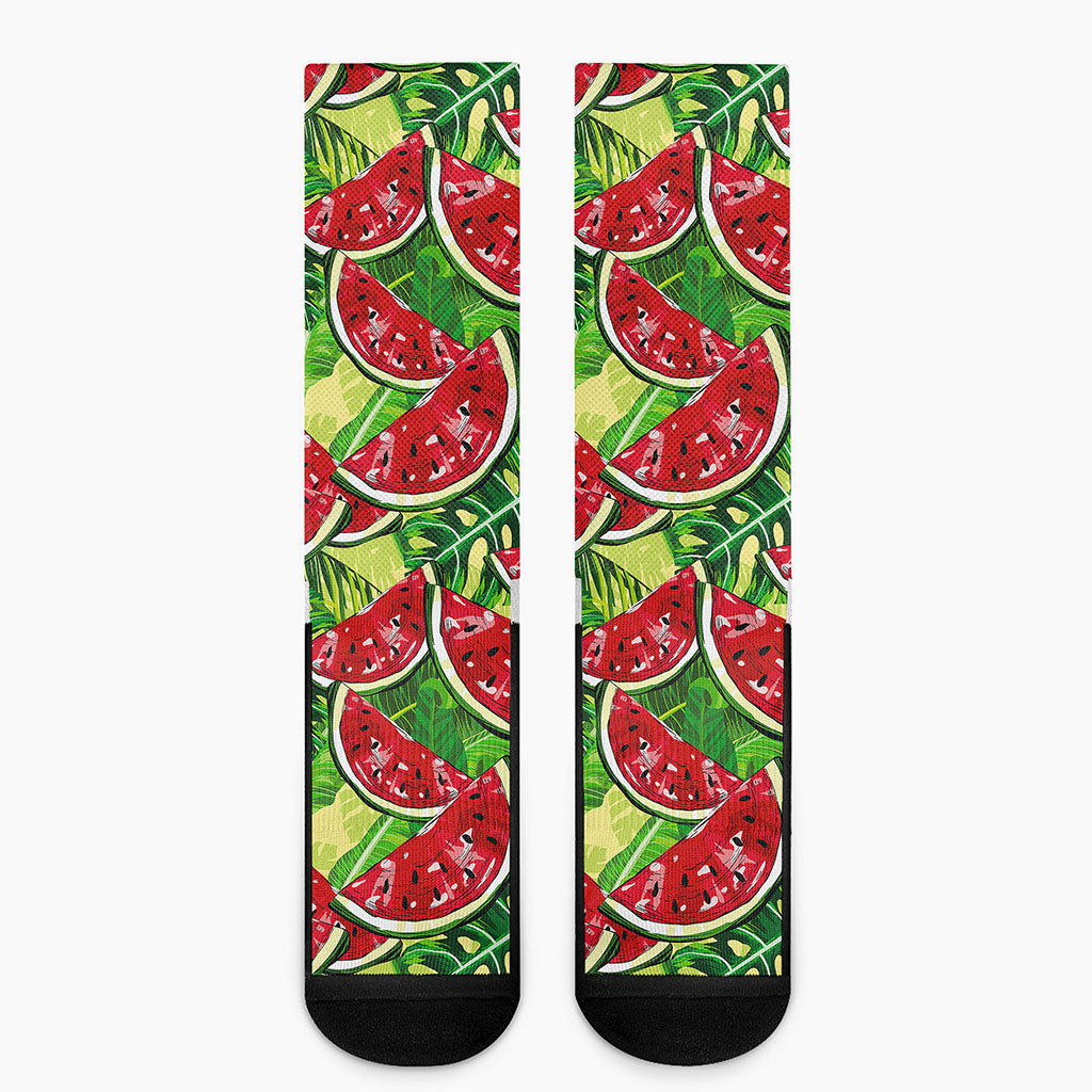 Tropical Leaves Watermelon Pattern Print Crew Socks
