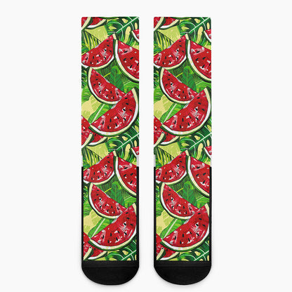 Tropical Leaves Watermelon Pattern Print Crew Socks