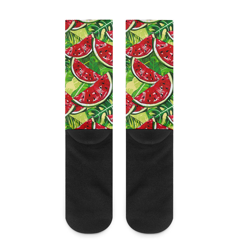 Tropical Leaves Watermelon Pattern Print Crew Socks