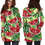 Tropical Leaves Watermelon Pattern Print Hoodie Dress GearFrost