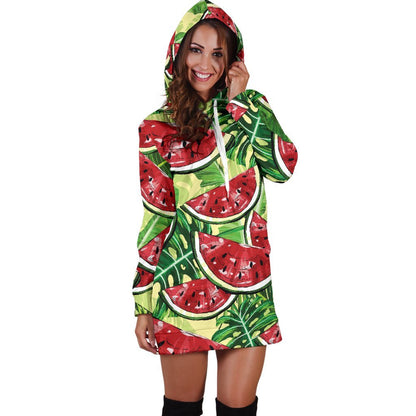 Tropical Leaves Watermelon Pattern Print Hoodie Dress GearFrost