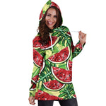 Tropical Leaves Watermelon Pattern Print Hoodie Dress GearFrost