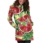 Tropical Leaves Watermelon Pattern Print Hoodie Dress GearFrost