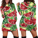 Tropical Leaves Watermelon Pattern Print Hoodie Dress GearFrost