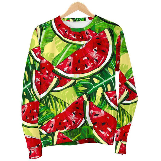 Tropical Leaves Watermelon Pattern Print Men's Crewneck Sweatshirt GearFrost