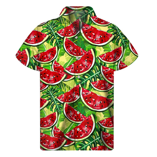 Tropical Leaves Watermelon Pattern Print Men's Short Sleeve Shirt