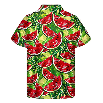 Tropical Leaves Watermelon Pattern Print Men's Short Sleeve Shirt