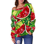 Tropical Leaves Watermelon Pattern Print Off Shoulder Sweatshirt GearFrost