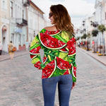 Tropical Leaves Watermelon Pattern Print Off Shoulder Sweatshirt GearFrost