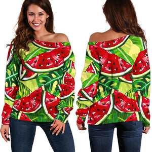 Tropical Leaves Watermelon Pattern Print Off Shoulder Sweatshirt GearFrost