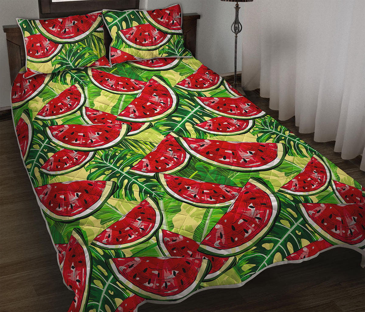 Tropical Leaves Watermelon Pattern Print Quilt Bed Set