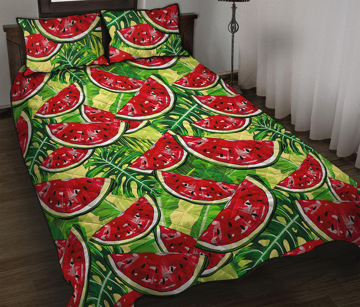 Tropical Leaves Watermelon Pattern Print Quilt Bed Set