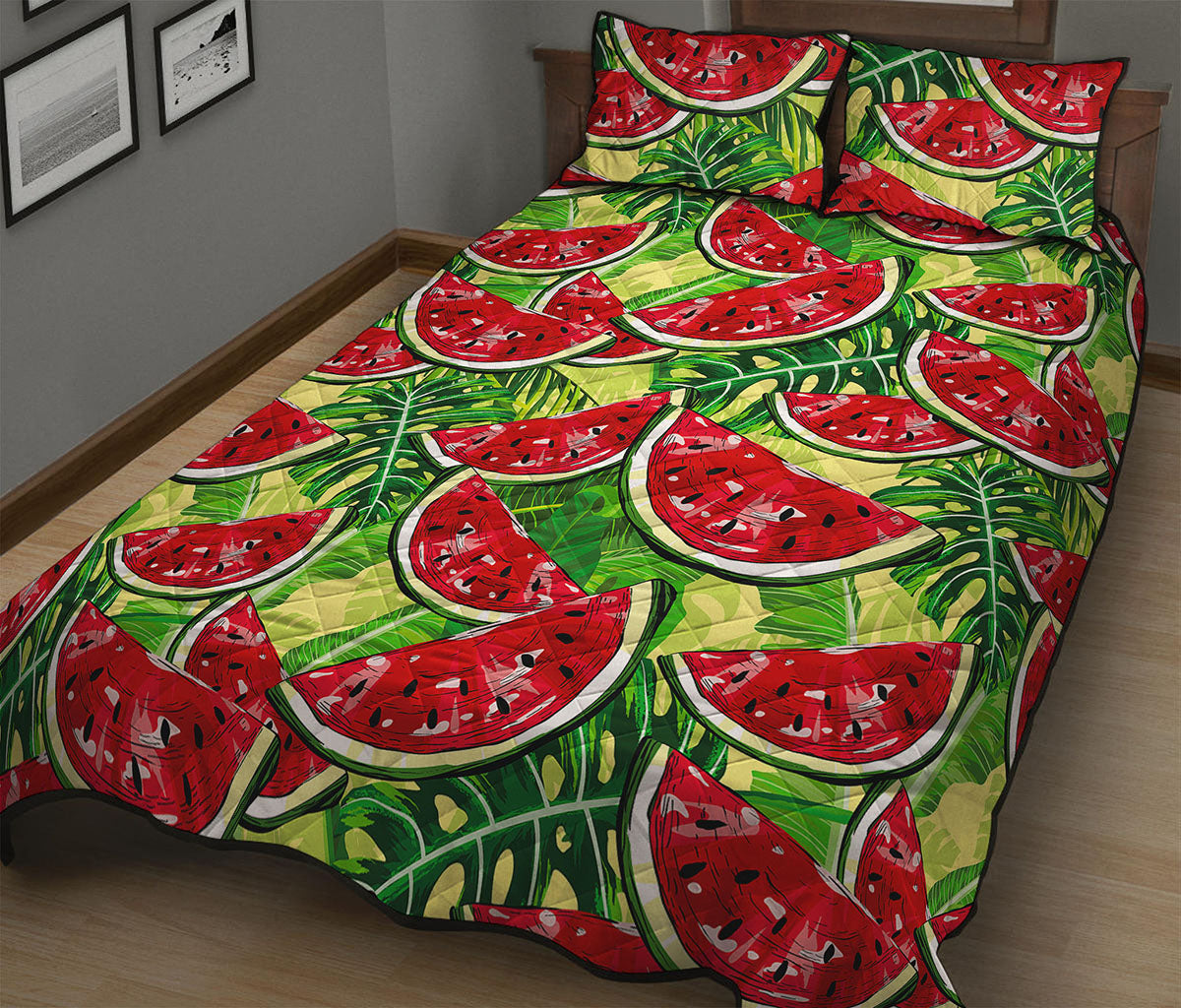Tropical Leaves Watermelon Pattern Print Quilt Bed Set