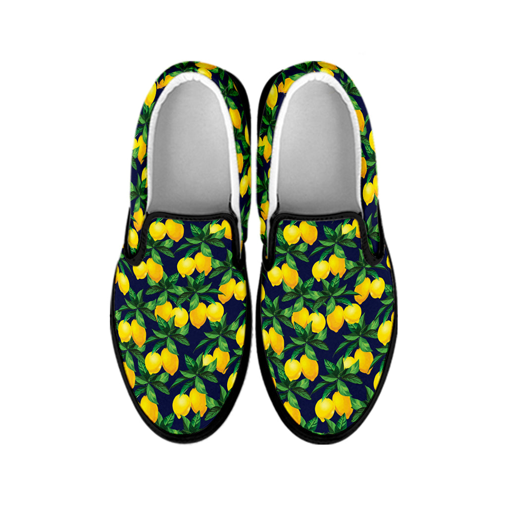 Tropical Lemon Pattern Print Black Slip On Shoes