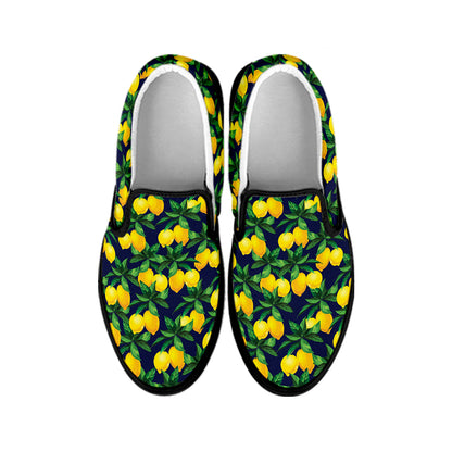 Tropical Lemon Pattern Print Black Slip On Shoes