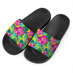 Tropical Lotus Pattern Print Black Slide Sandals