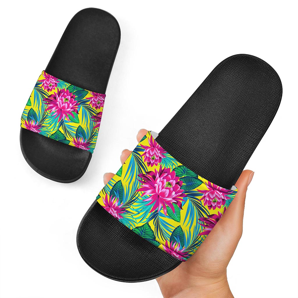Tropical Lotus Pattern Print Black Slide Sandals
