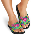 Tropical Lotus Pattern Print Black Slide Sandals