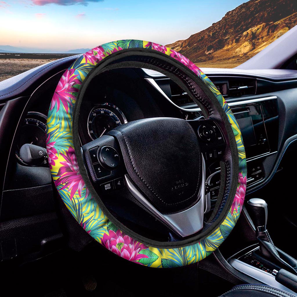Tropical Lotus Pattern Print Car Steering Wheel Cover