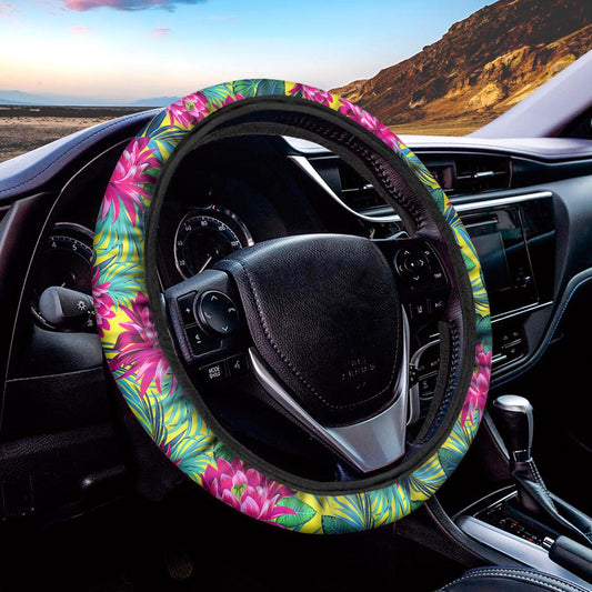 Tropical Lotus Pattern Print Car Steering Wheel Cover