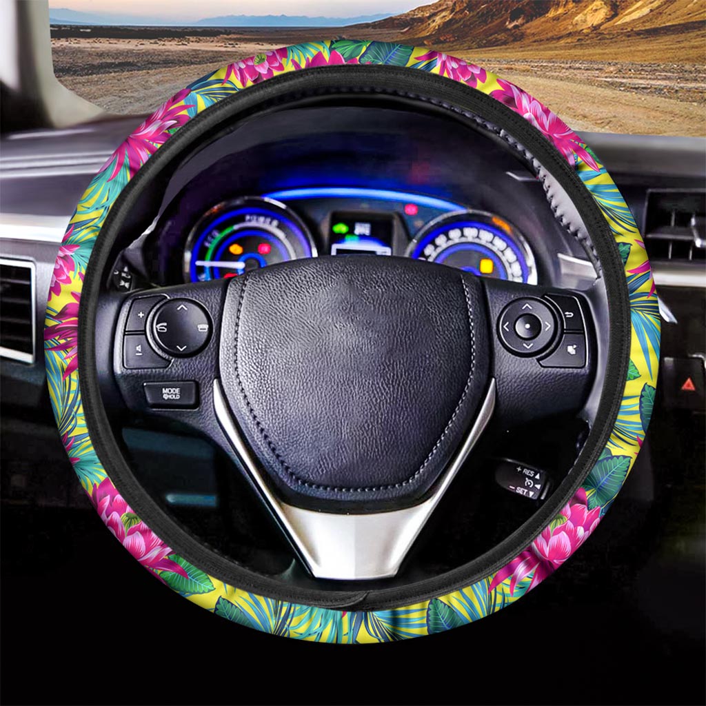 Tropical Lotus Pattern Print Car Steering Wheel Cover