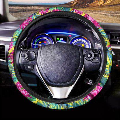 Tropical Lotus Pattern Print Car Steering Wheel Cover