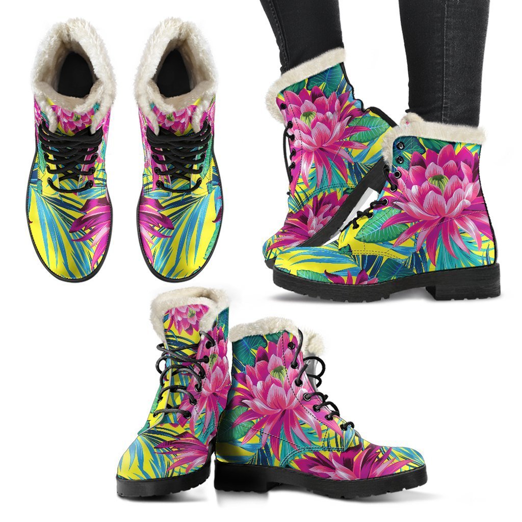 Tropical Lotus Pattern Print Comfy Boots GearFrost
