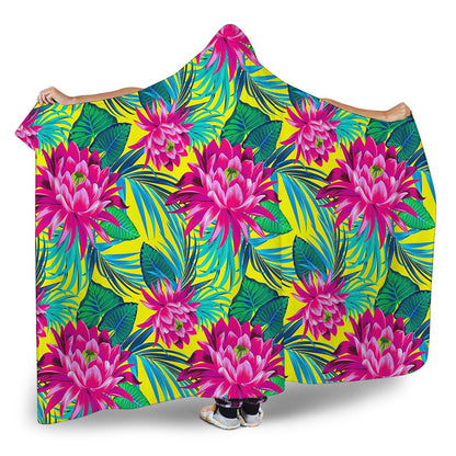 Tropical Lotus Pattern Print Hooded Blanket