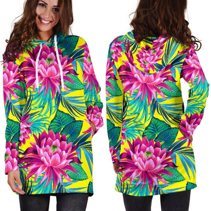 Tropical Lotus Pattern Print Hoodie Dress GearFrost