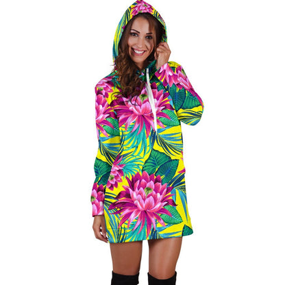 Tropical Lotus Pattern Print Hoodie Dress GearFrost