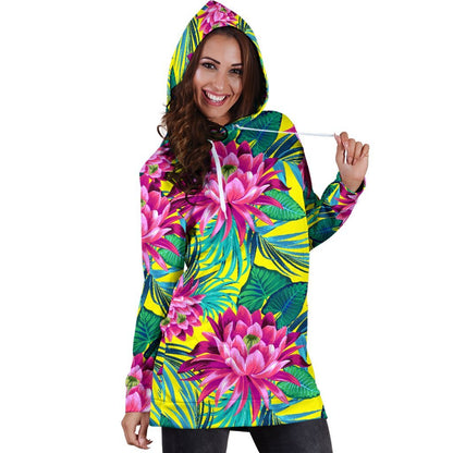 Tropical Lotus Pattern Print Hoodie Dress GearFrost