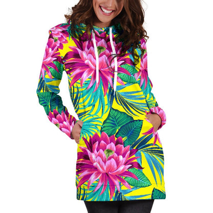 Tropical Lotus Pattern Print Hoodie Dress GearFrost