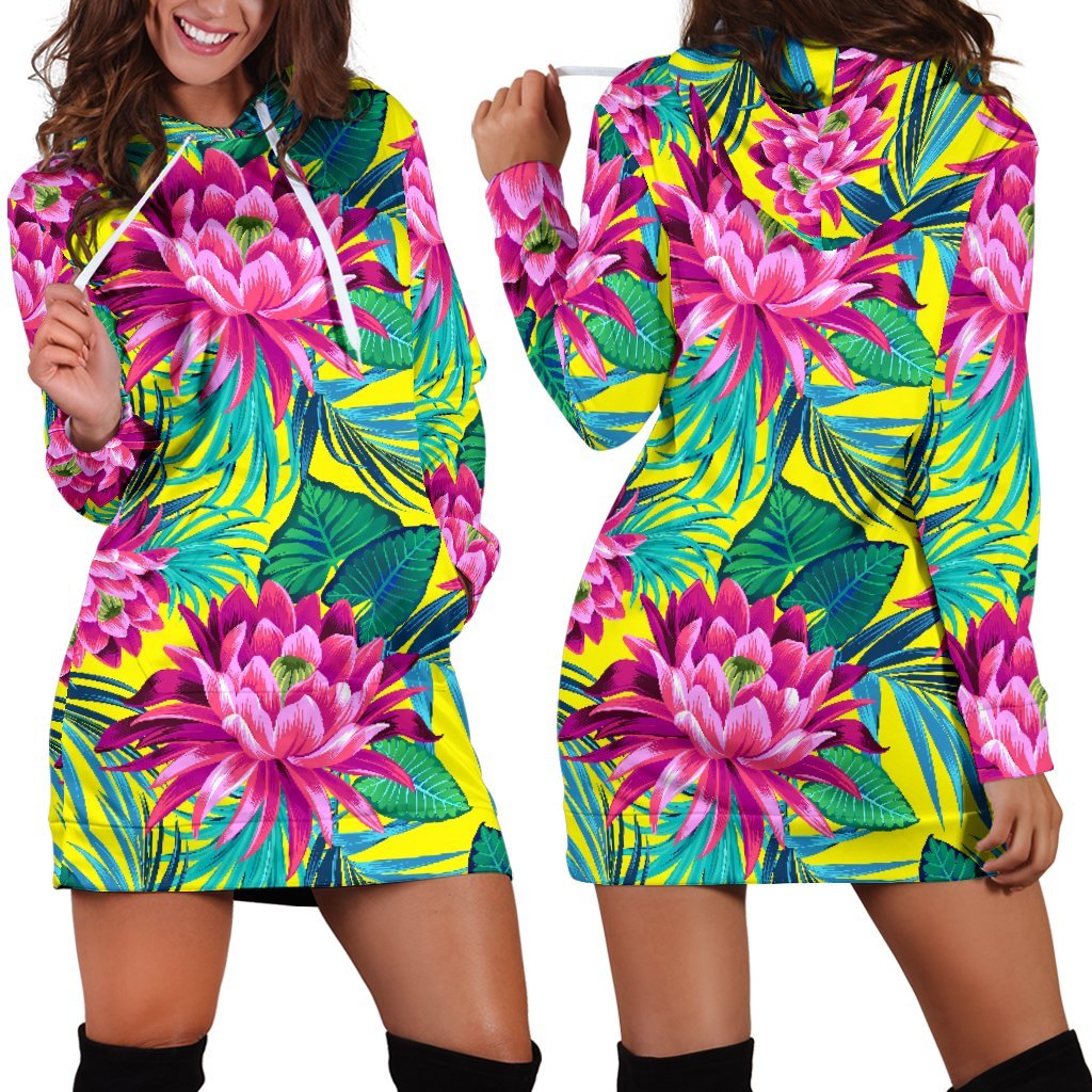 Tropical Lotus Pattern Print Hoodie Dress GearFrost
