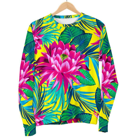 Tropical Lotus Pattern Print Men's Crewneck Sweatshirt GearFrost