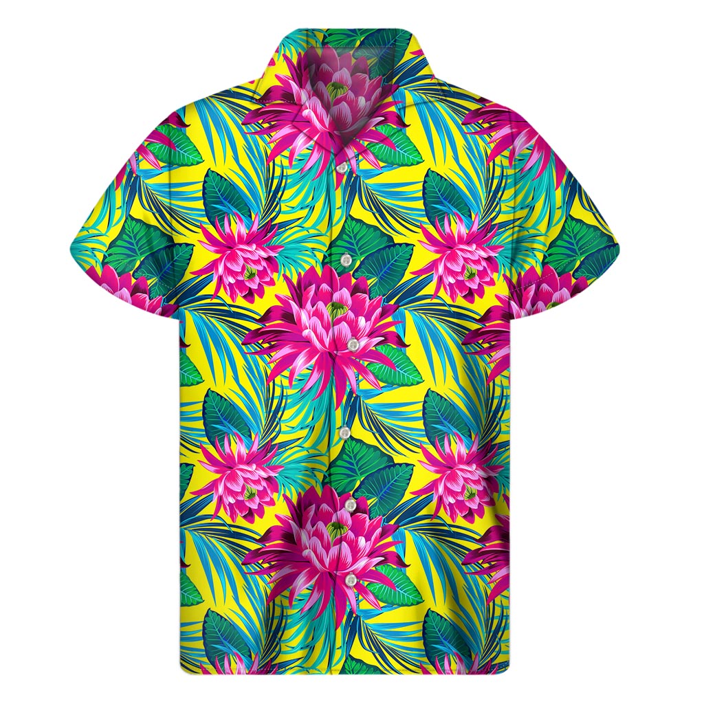 Tropical Lotus Pattern Print Men's Short Sleeve Shirt