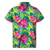 Tropical Lotus Pattern Print Men's Short Sleeve Shirt