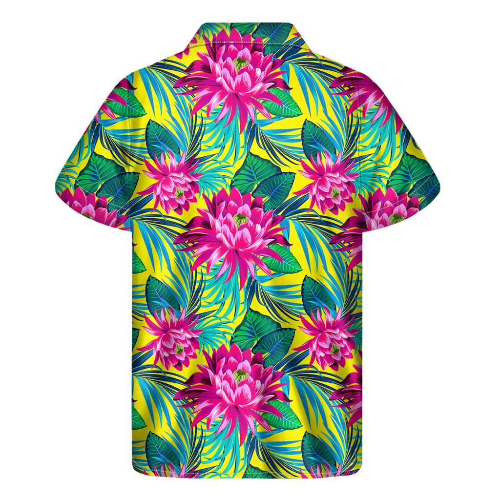 Tropical Lotus Pattern Print Men's Short Sleeve Shirt