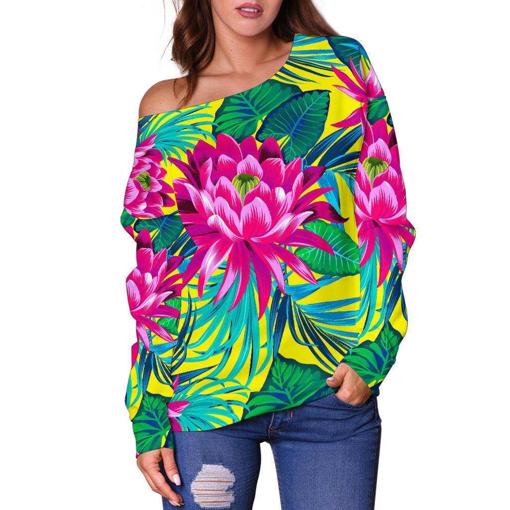 Tropical Lotus Pattern Print Off Shoulder Sweatshirt GearFrost