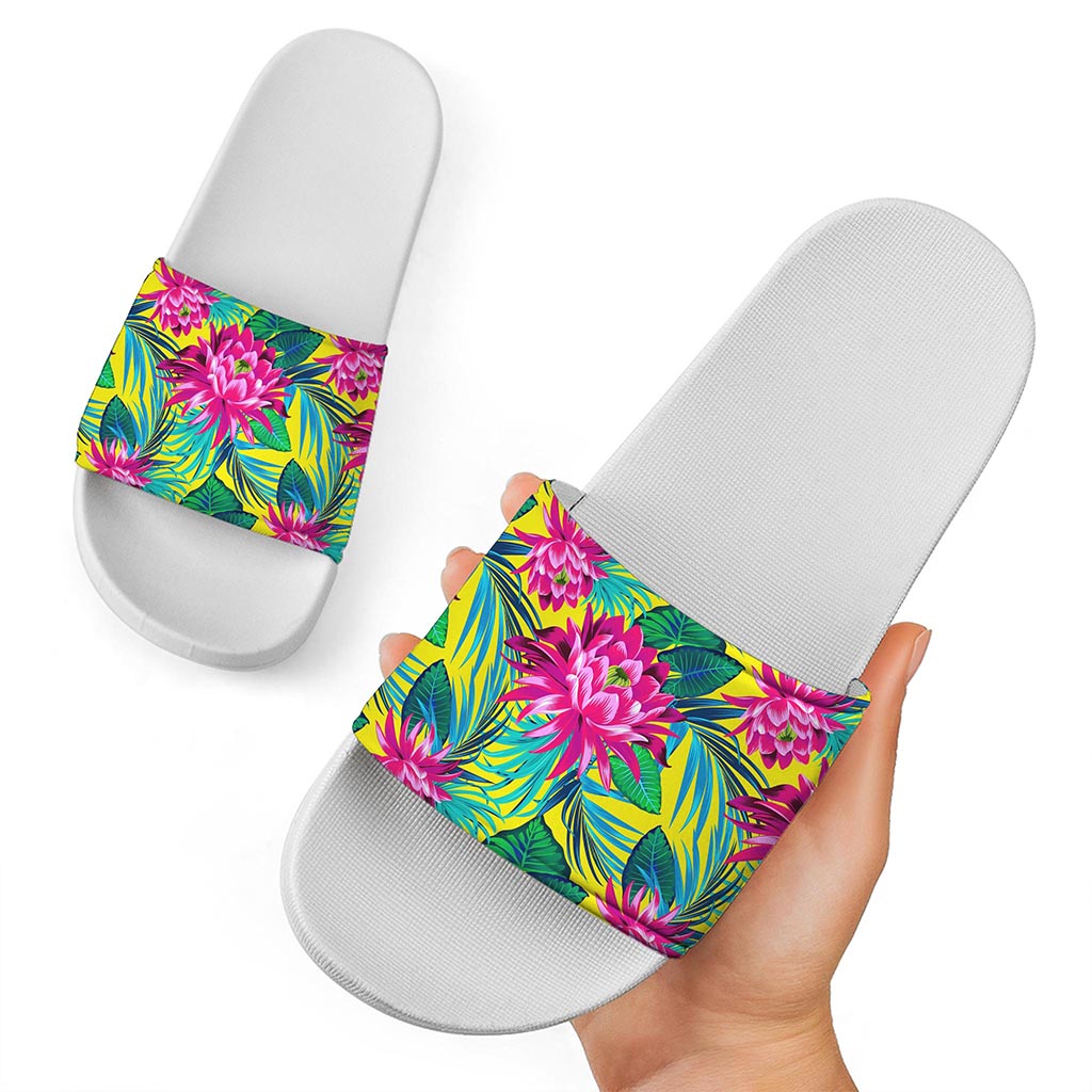 Tropical Lotus Pattern Print White Slide Sandals