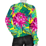 Tropical Lotus Pattern Print Women's Crewneck Sweatshirt GearFrost
