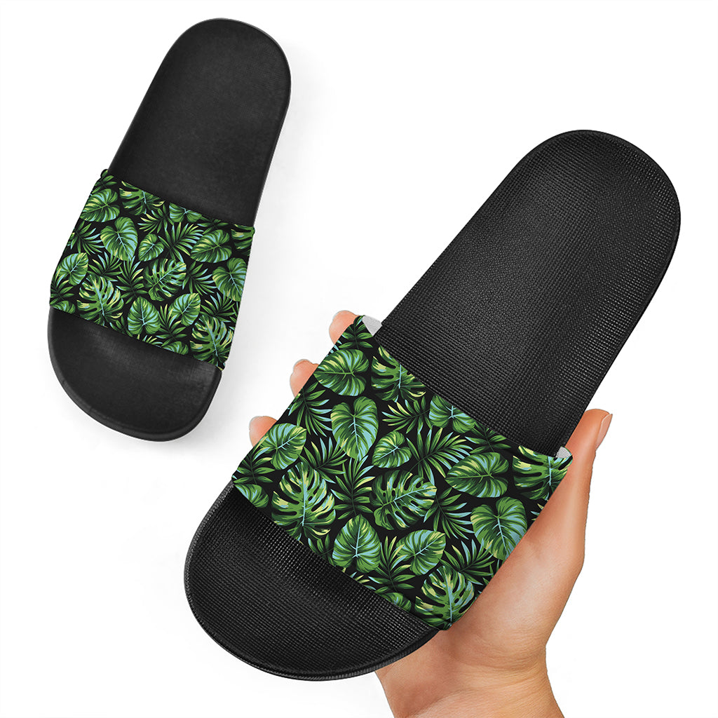 Tropical Monstera Leaves Pattern Print Black Slide Sandals