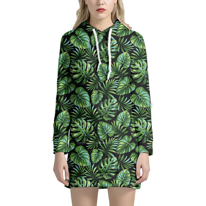 Tropical Monstera Leaves Pattern Print Hoodie Dress