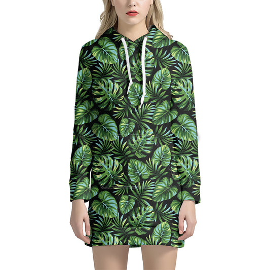Tropical Monstera Leaves Pattern Print Hoodie Dress