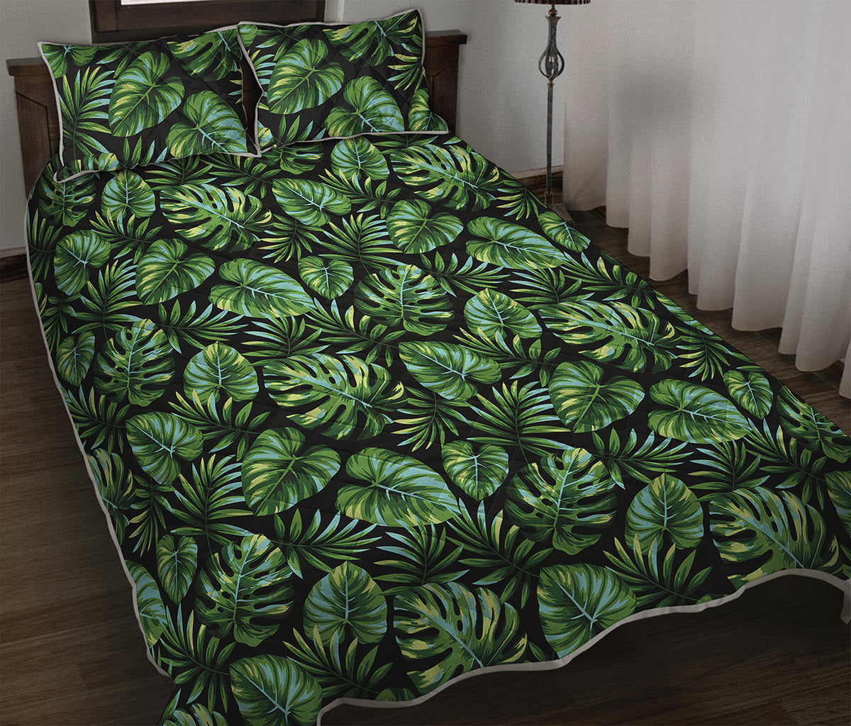 Tropical Monstera Leaves Pattern Print Quilt Bed Set