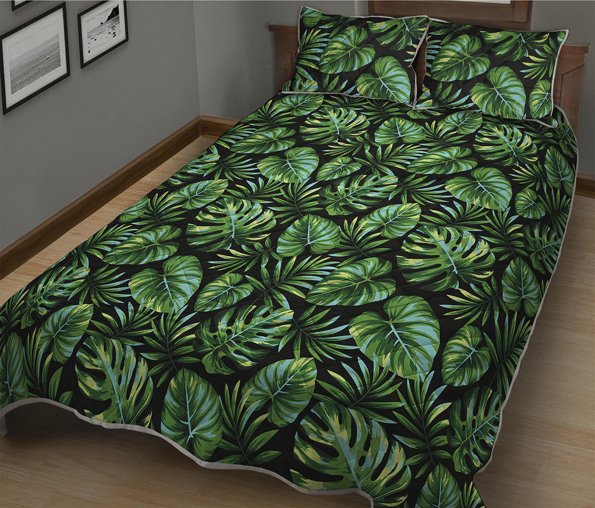 Tropical Monstera Leaves Pattern Print Quilt Bed Set