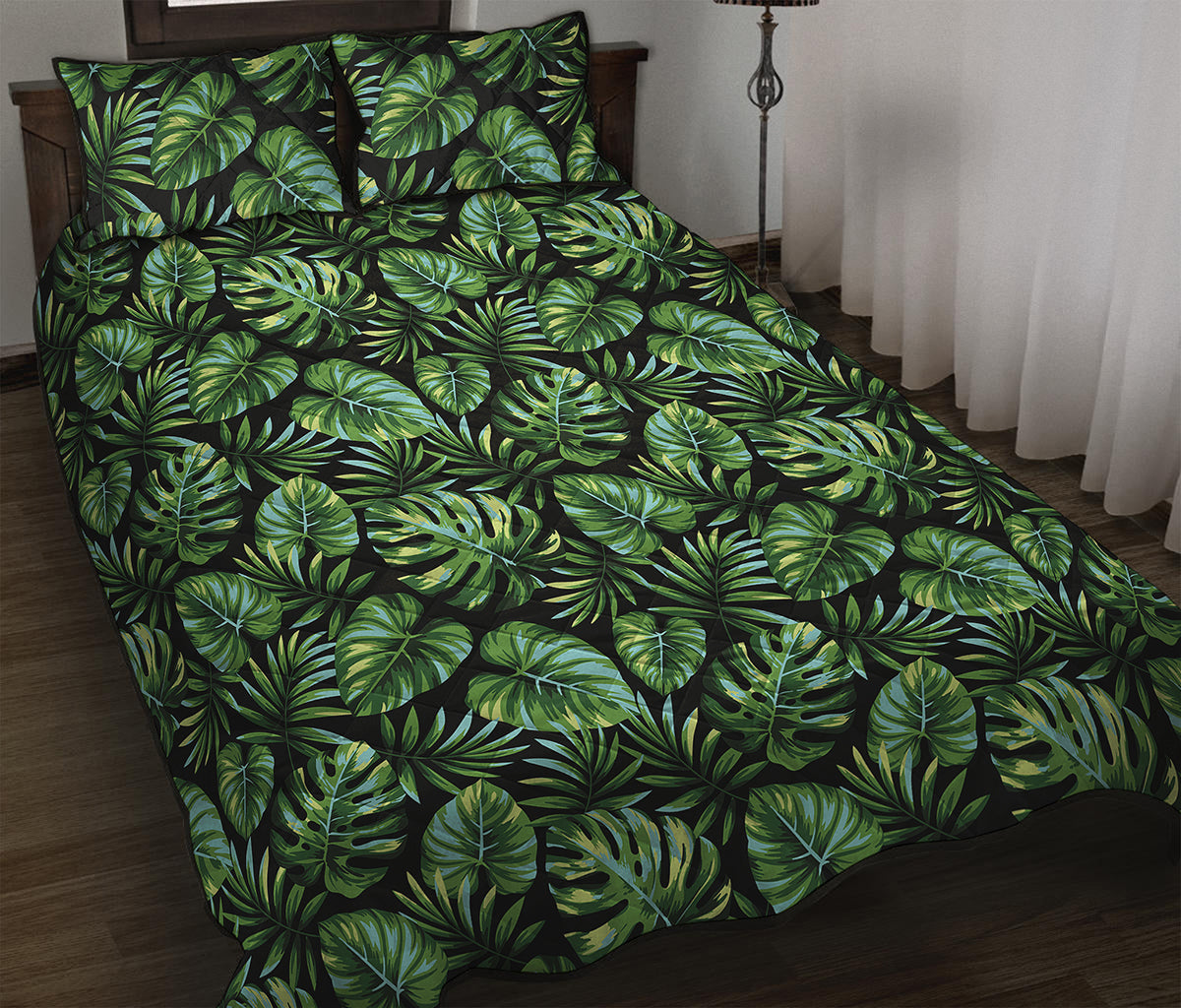 Tropical Monstera Leaves Pattern Print Quilt Bed Set
